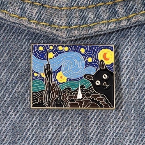 Van Gogh Cats Enamel Metal Pin The Starry Night Painting Parody Black Cat Brooch - Picture 3 of 9